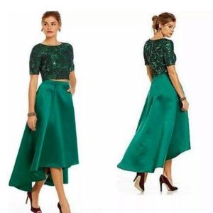 Belle Badgley Mischka Ida Dress 14 Forest Green Sequin Lace Crop Top Skirt Prom